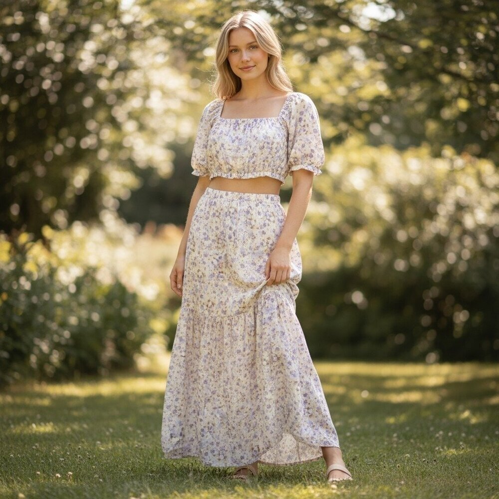 H&M Linen Blend Tiered Skirt & Crop Top Set NWT Lilac Floral Medium/Large